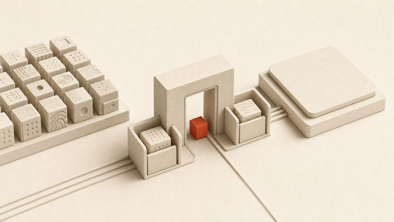 A field of cream evidence blocks feeding a gate. One red unit waits at the gate before anything reaches the writing surface.